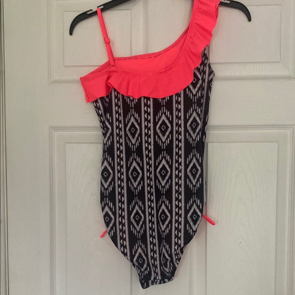 Girls Junior One Piece Swimsuit with Pink Ruffle - Picture 2 of 3